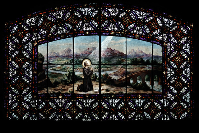 Autochromed stained glass window of Saint Francis Xavier, at the White House Retreat, in Oakville, Missouri, USA