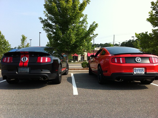 2012 Mustang GT500 and 2012 Mustang Boss 302 parked next to each other