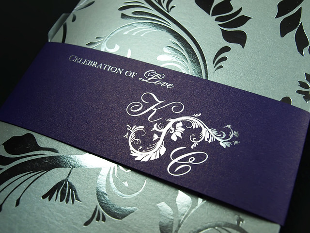 Silver Foil Wedding Invitation Booklet w Purple Belly Band