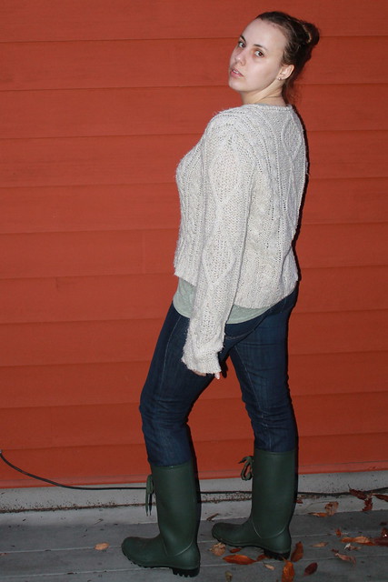 Outfit - rainboots, jeans, aran fisherman's sweater