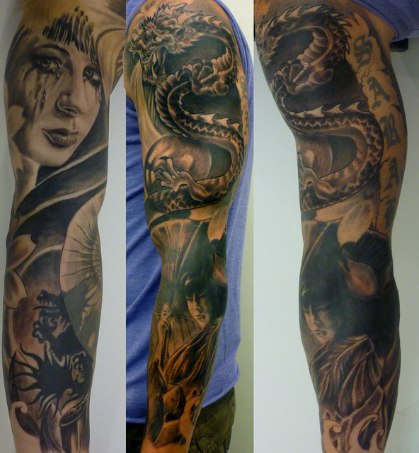 Black and grey Portrait coverup oriental japanese sleeve tattoo