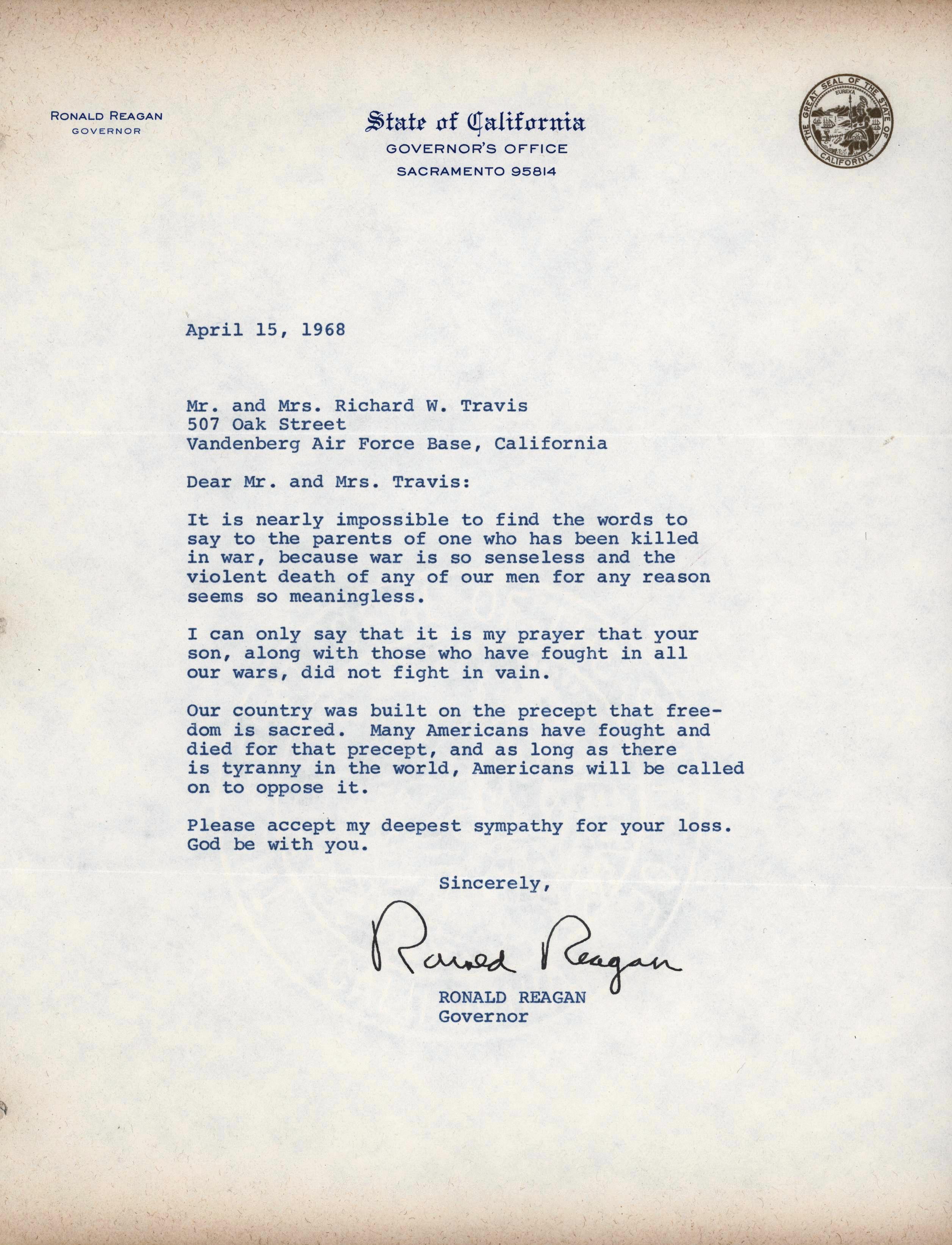 Condolence Letter, Governor Reagan, 1968 | This letter was s\u2026 | Flickr ...