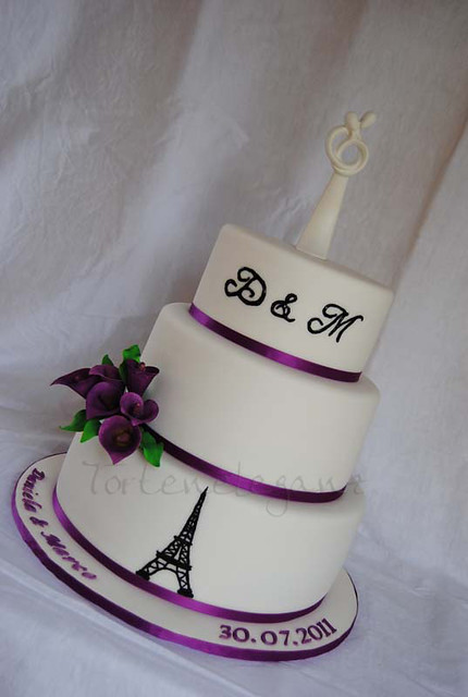 Paris Themed Calla Wedding Cake with purple Callas monogrammed with a 
