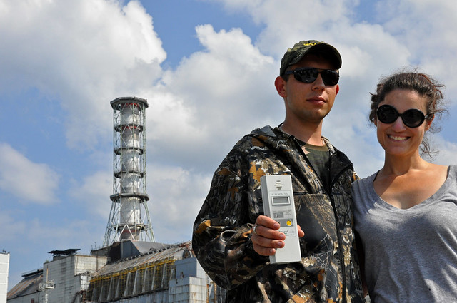 our guide Nikolai and me at the damaged Chernobyl reactor 