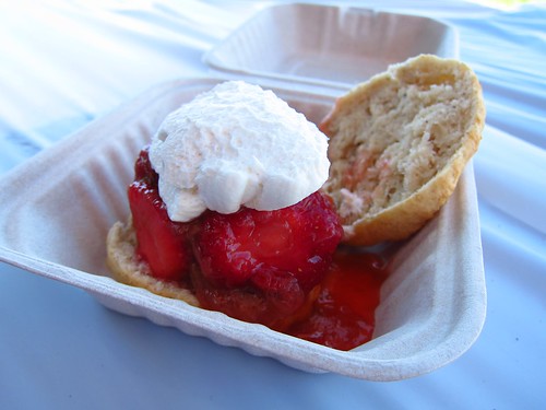 Strawberry-rhubarb shortcake on a nutmeg biscuit