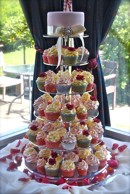 Vintage Pearl Red Rose Wedding Cupcake Tower