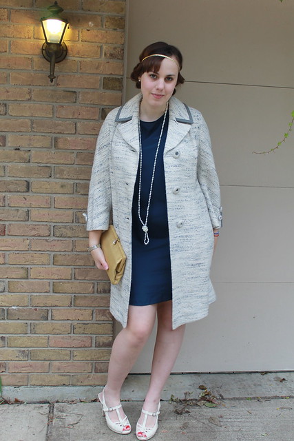 Outfit - Tucker for Target ruffled back dress, vintage gold clutch, Downton Abbey hair, pearls, vintage coat