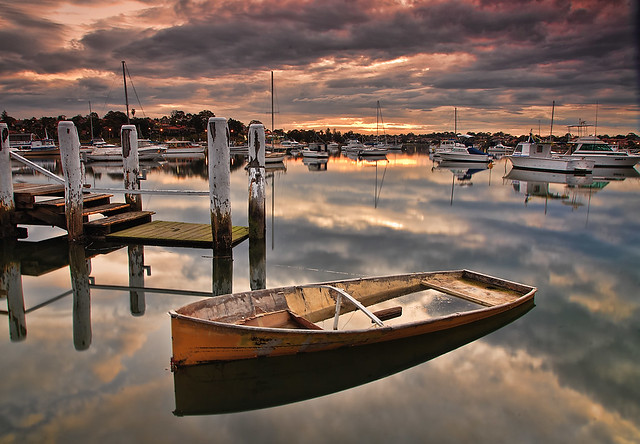 Sunken boat at sunset.  