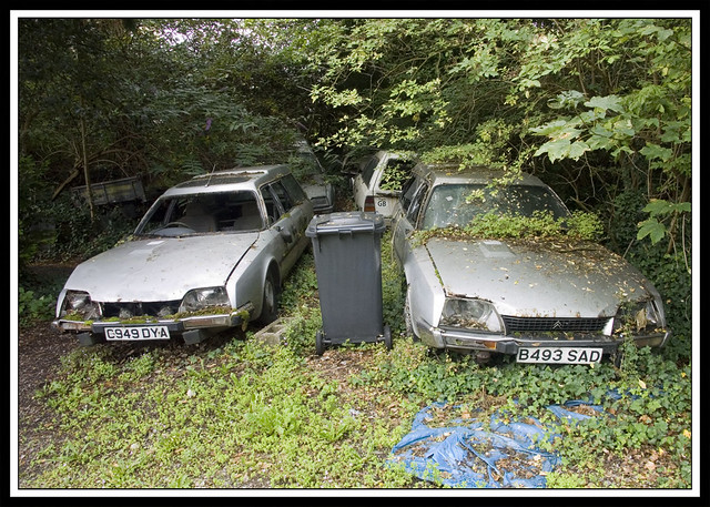 Selection of old Citroen CX Estates quietly rusting away in a garden in St
