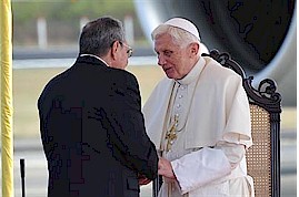 Republic of Cuba President Raul Castro greets Pope Benedict XVI during his arrival in the Caribbean country. The Pope called for the lifting of the US embargo on the socialist state. by Pan-African News Wire File Photos