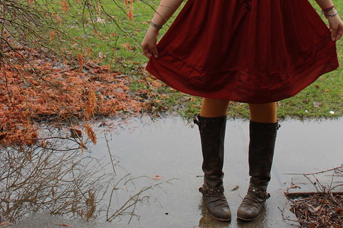 Thanksgiving outfit - leather boots, mustard tights, red babydoll dress, DIY fall-leaf hair wreath