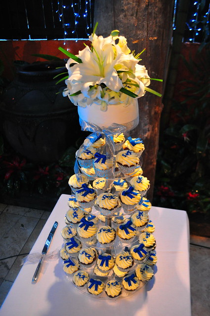 Royal blue and white wedding cupcake tower Choc vanilla and double choc mud