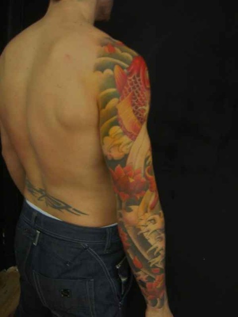 Koi sleeve tattoo Traditional Japanese sleeve couple of hours to go