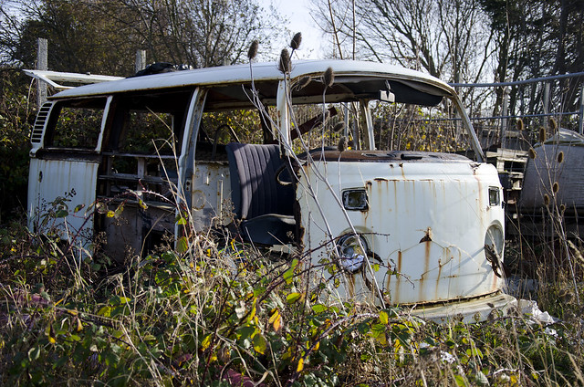 Old abandoned Volkswagen Westfalia Camper Van found in the middle of a