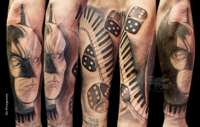 Batman piano keys and dices custom tattoo in progress Miguel Angel