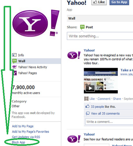 Remove yahoo app updates on Facebook