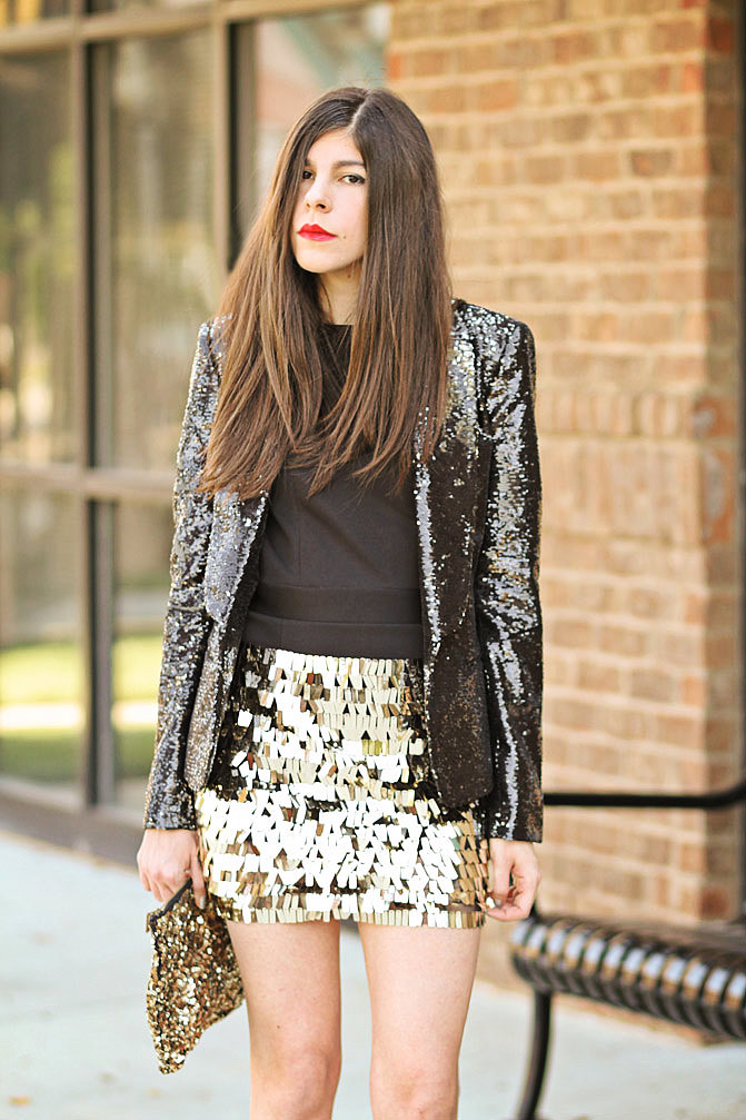 Armani Exchange Sequin blazer, Dolce and Gabbana wedges, Zara sequin clutch, Fashion outfit