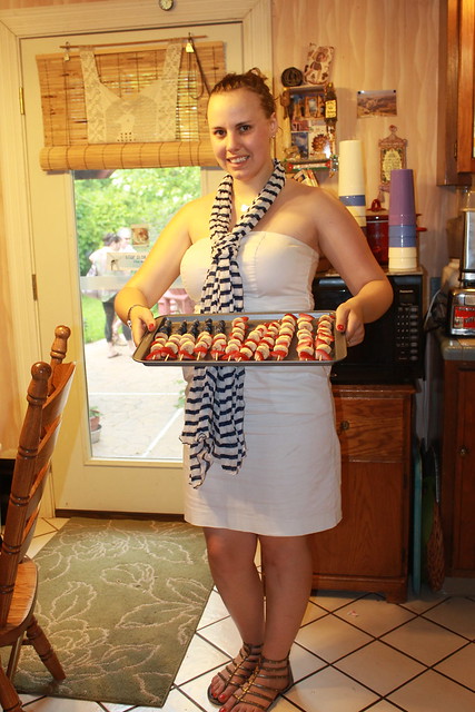 Outfit - white dress, striped scarf (with American flag fruit kabobs)