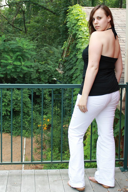 Outfit - rosette halter top, white jeans