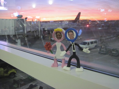 Cake toppers getting ready to board the plane