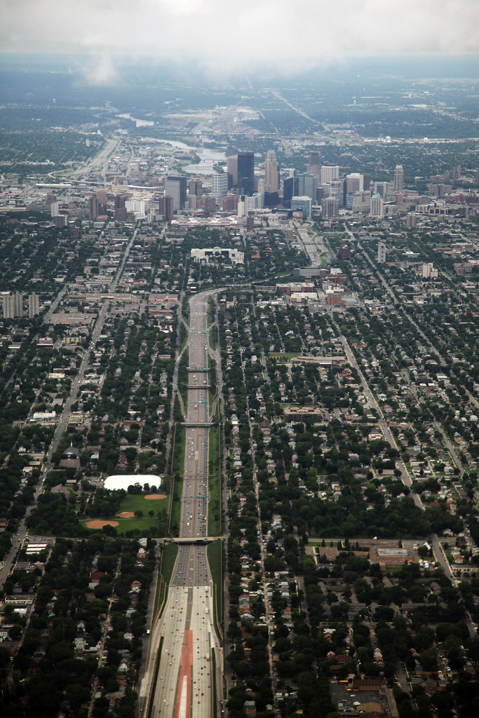 Aerial of Minneapolis Minnesota - looking north towards town up Highway 35W