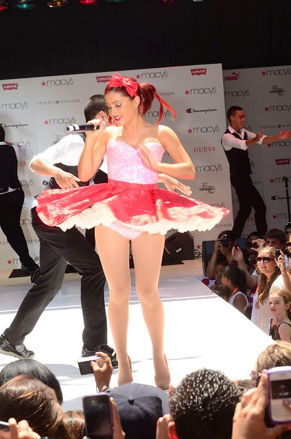 Teen actress Ariana performs Macy's in real high beige 7 inch heels for age