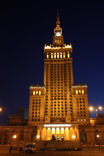 The spectacular Palace of Culture and Science lit up.
