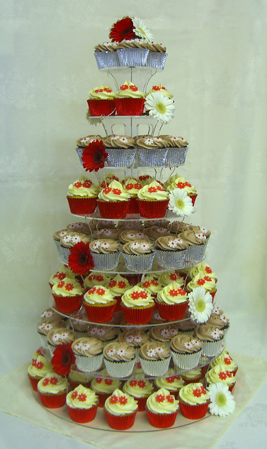 Red Silver Wedding Cupcake Tower