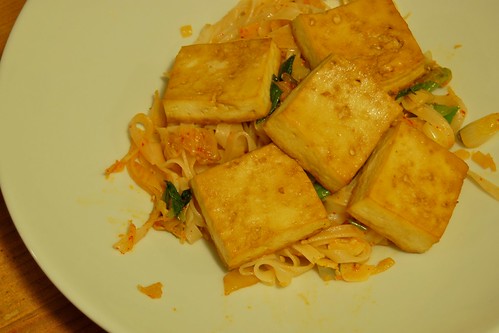 Broiled Tofu, Noodles, Kimchi