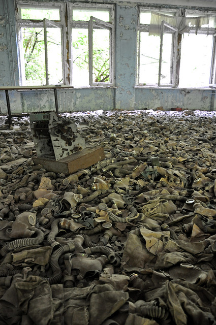 sea of gas masks in Pripyat school