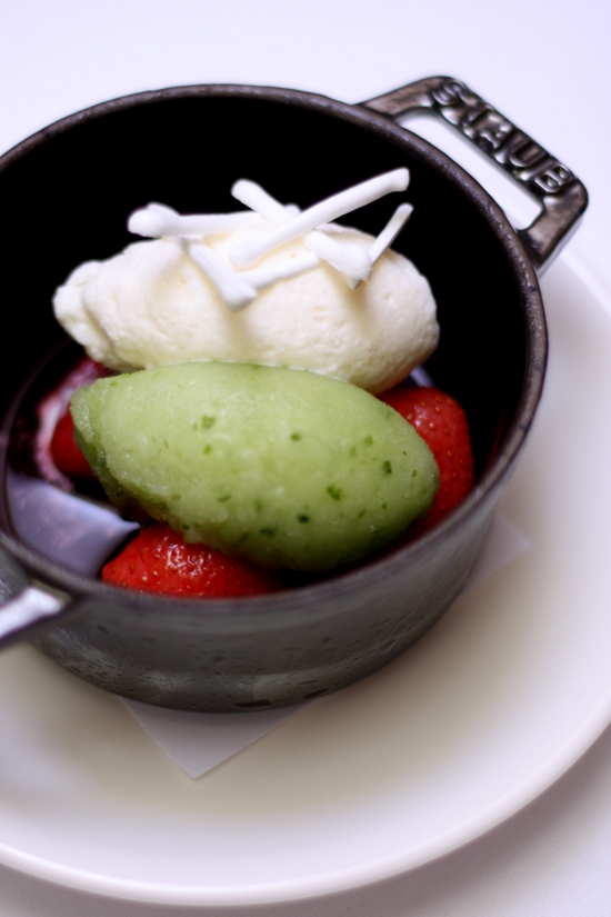 strawberry compote with basil ice cream