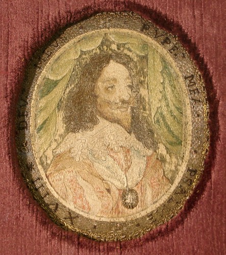 A 17th Century silk oval medallion depicting Charles I, measuring just 9cm by 8cm, carries an estimate of £800 to £1,200