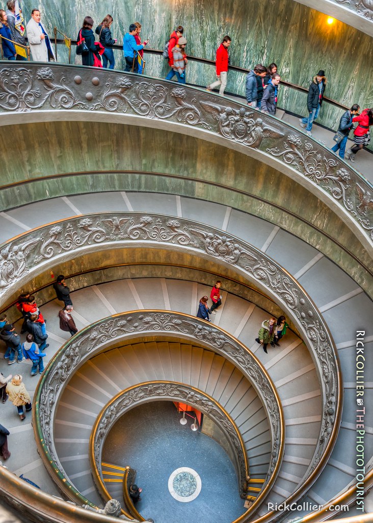 A tour group ventures down the spiral steps in the Vatican Museum (HDR image).