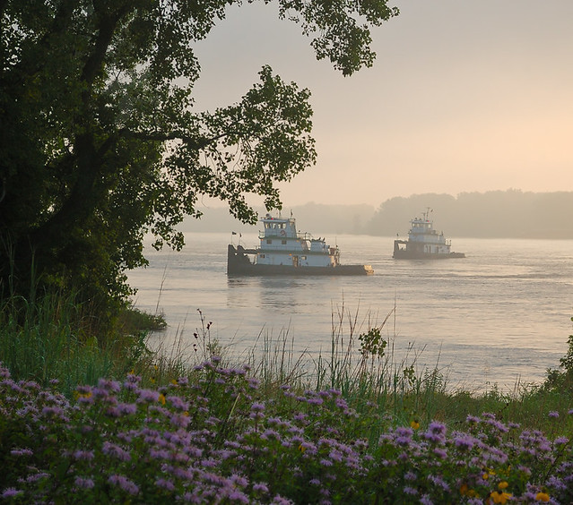 Cliff Cave County Park, in Mehlville, Missouri, USA - two tugboats on the Mississippi River