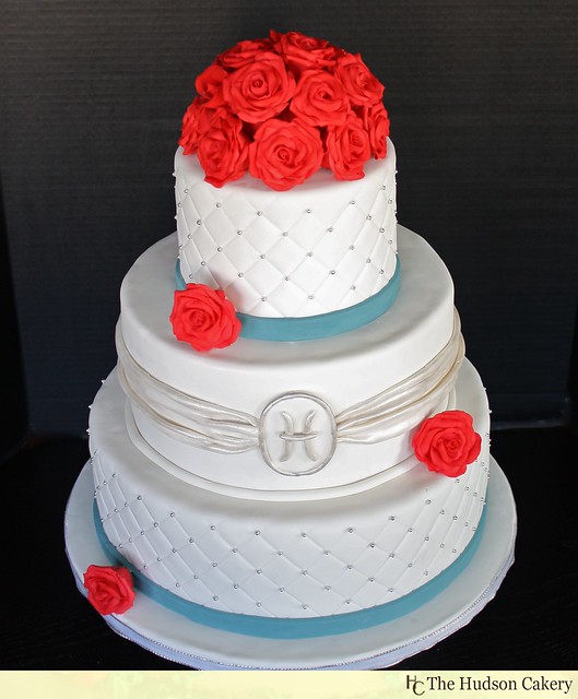Red Rose Teal Wedding Cake Red sugar roses quilting and a monogram on 