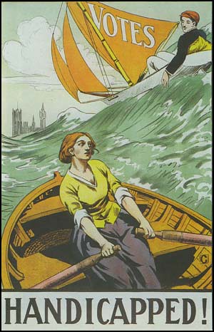 white woman rowing a boat while a white man breezes past her in a sailboat