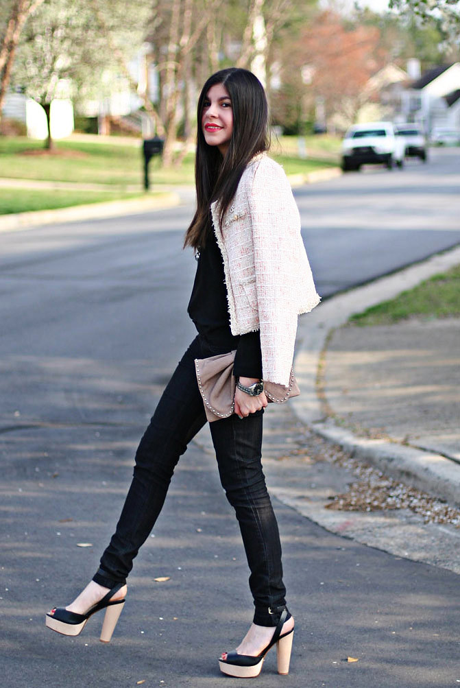 Chanel Jacket, Marc jACOBS BOW BAG, Zara sandals, Fashion, Outfit