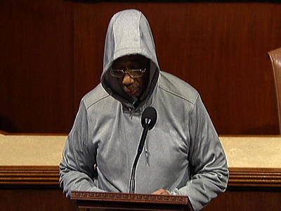 This handout frame grab from video, provided by House Television shows Rep. Bobby Rush, D-Ill., wearing a a hoodie, speaking on the floor of the House on Capitol Hill in Washington, Wednesday, March 28, 2012. by Pan-African News Wire File Photos