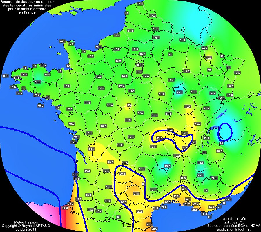 records de douceur ou chaleur des températures minimales pour le mois d'octobre en France Reynald ARTAUD météopassion