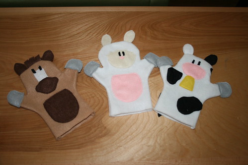 horse, sheep, cow puppets