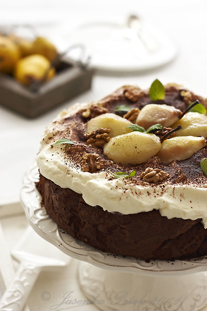 Flourless Chocolate Cake with Chantilly Cream and Glazed Pears 