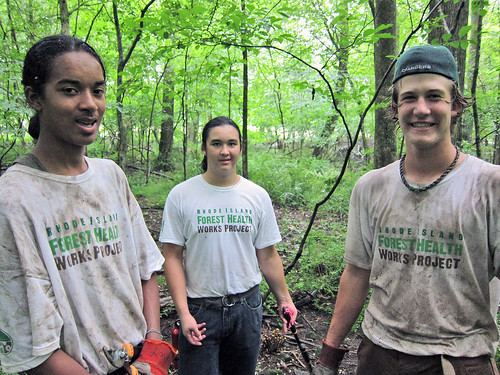 Forest Service Recovery Act funding created Rhode Island's own Youth Conservation Corps for high school students in summer 2010.  Outside funding sources continued this effort in 2011. Left to Right:  Robin Spears, Alex Nguyen, Kyle Audette (Photo Credit: James Barnes)