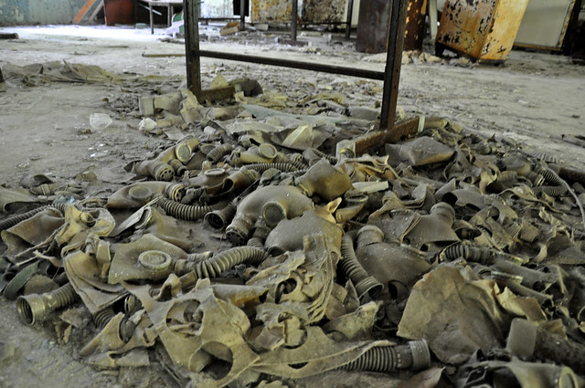 sea of gas masks in Pripyat school