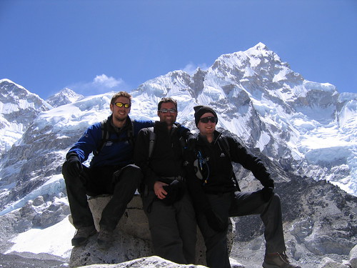 Dr Andrew Murray (far right) with his colleagues Dr Nick Knight and Dr Cameron Holloway on the approach to Everest Base Camp (Credit: Andrew Murray)