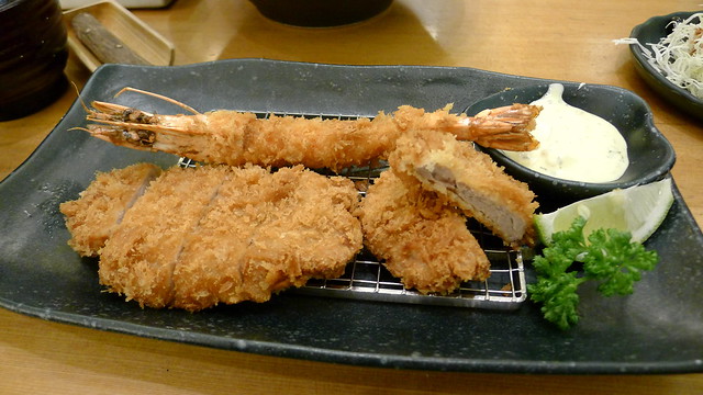 tonkatsu, layered katsu, tempura shrimp