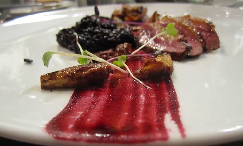 Duck with black rice and huckleberry sauce, Journeyman, Somerville