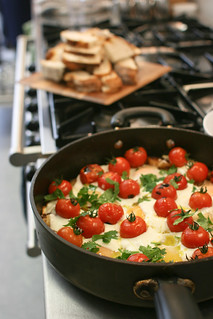 Braised eggs with potato, tahini, yoghurt and sumac
