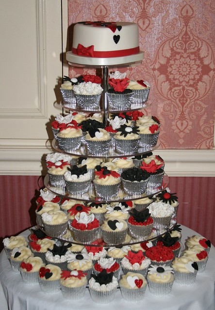 Black red and ivory wedding tower All vanilla cupcakes with a heart 