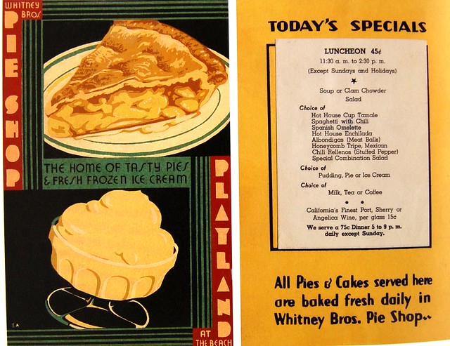 1936 menu from Whitney Bros. Pie Shop Playland on the Beach San Francisco, CA