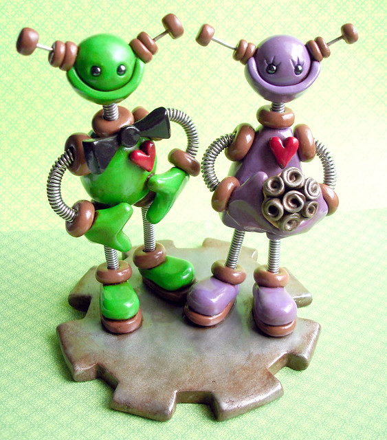 Robot Wedding Cake Topper Green Purple with rusty silver accents